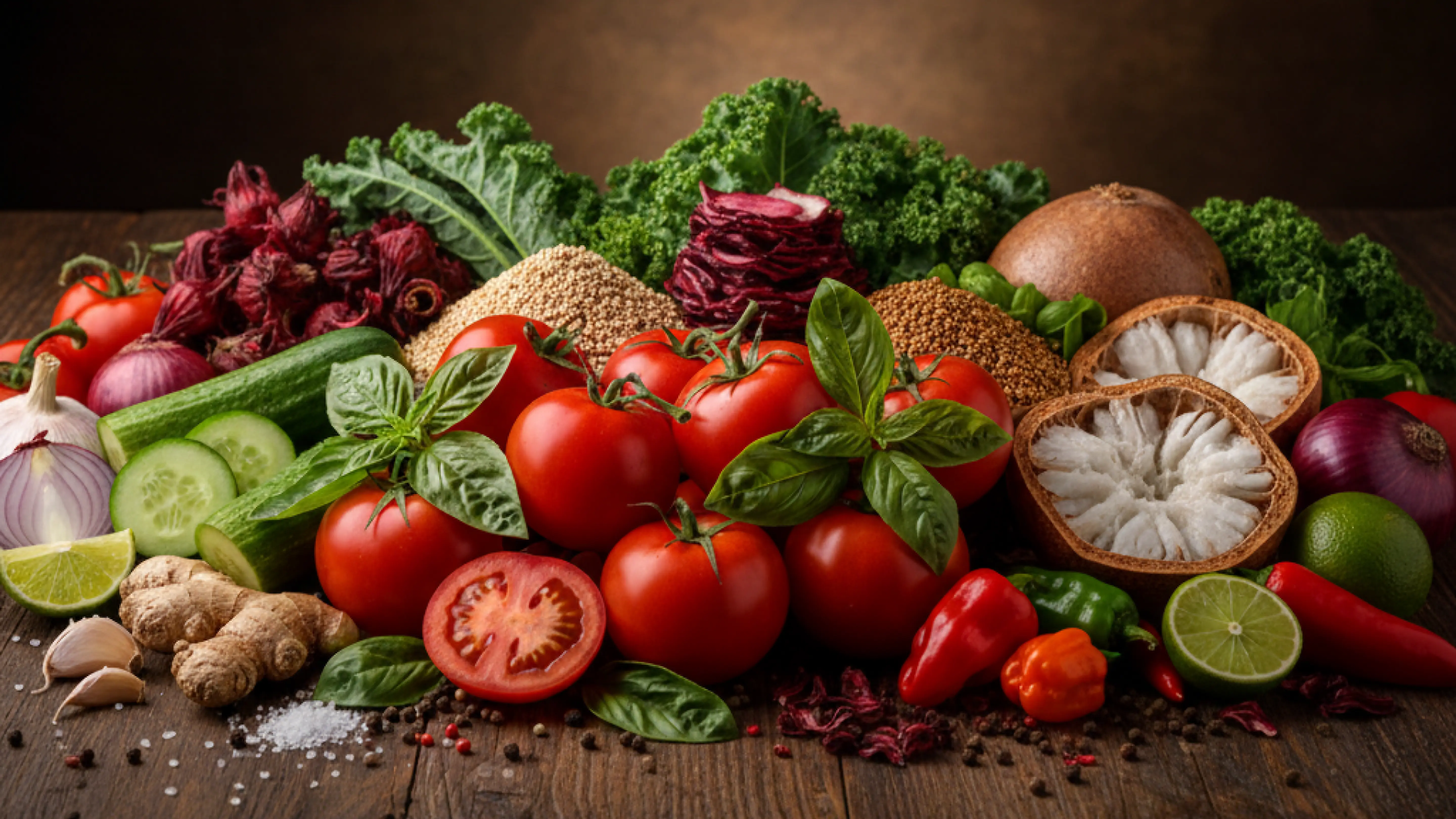 A spread of fresh African ingredients: tomatoes, hibiscus, moringa, baobab, chillies, ginger and leafy greens