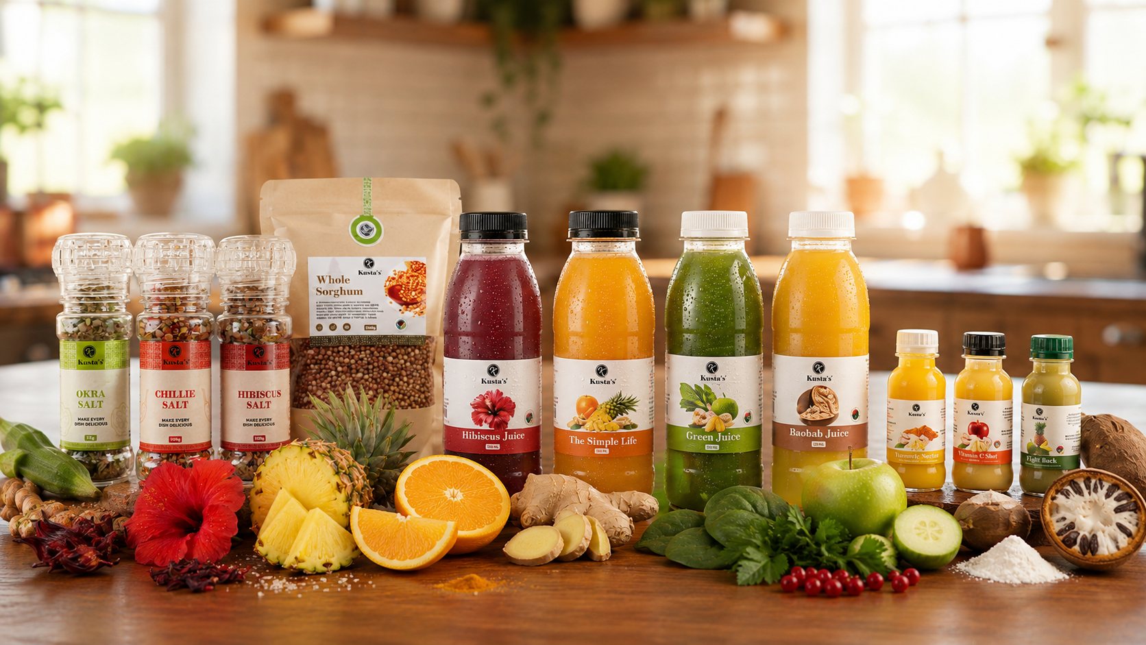 The full Kusta's range: juices, shots, salts, sorghum and powders on a bright kitchen counter